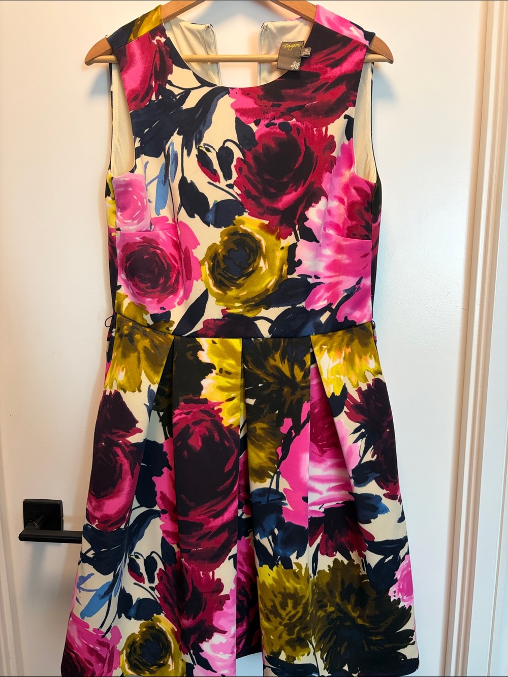 Taylor Vibrant Floral Fit-and-Flare Dress in Pink, Yellow, Navy & Cream